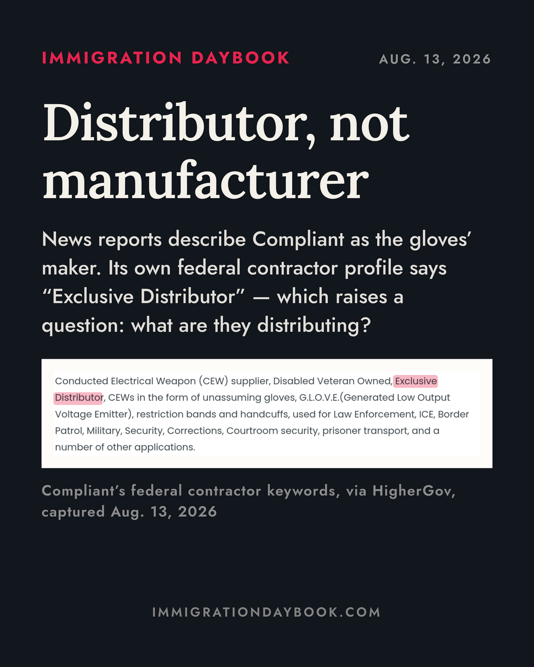 Distributor, not manufacturer — News reports describe Compliant as the gloves’ maker. Its own federal contractor profile says “Exclusive Distributor” — which raises a question: what are they distributing?