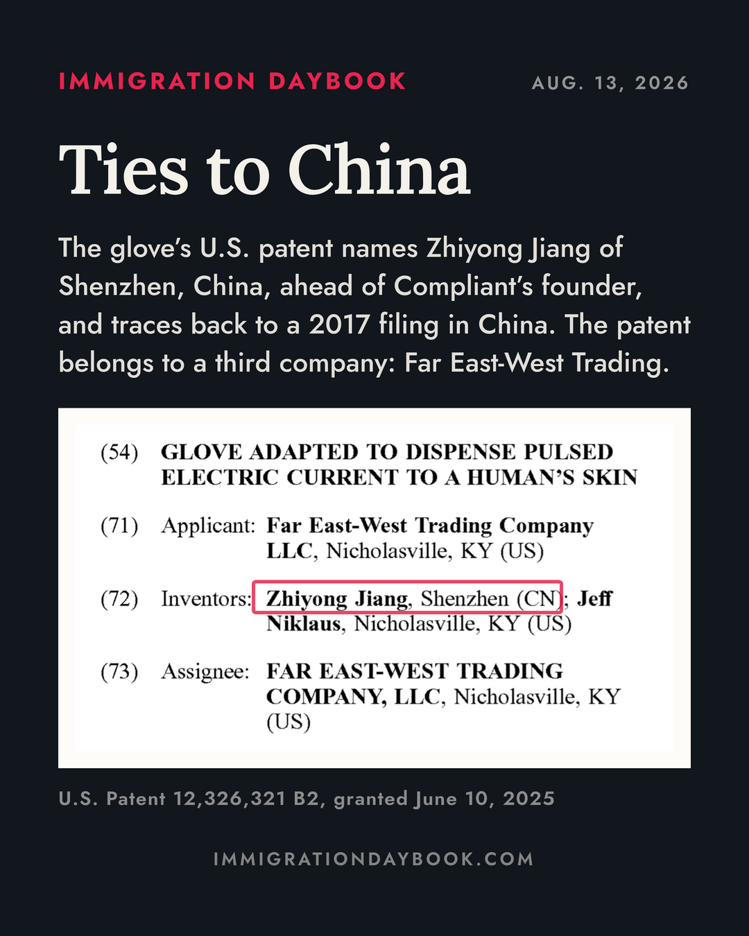 Ties to China — The glove’s U.S. patent names Zhiyong Jiang of Shenzhen, China, ahead of Compliant’s founder, and traces back to a 2017 filing in China. The patent belongs to a third company: Far East-West Trading.