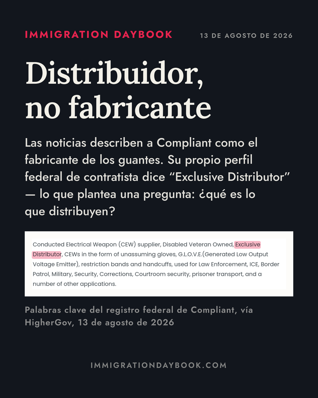 Distribuidor, no fabricante — Las noticias describen a Compliant como el fabricante de los guantes. Su propio perfil federal de contratista dice “Exclusive Distributor” — lo que plantea una pregunta: ¿qué es lo que distribuyen?