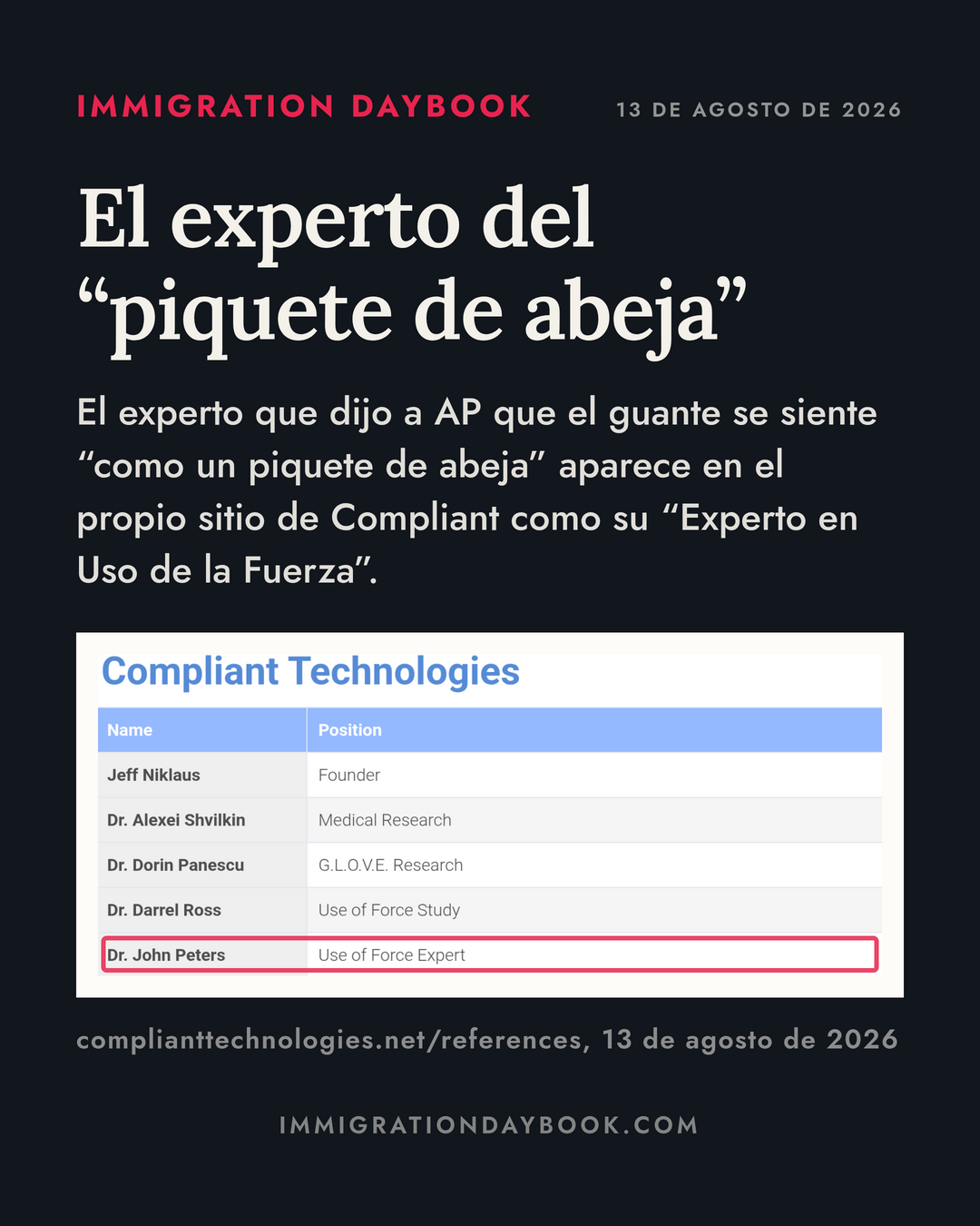 El experto del “piquete de abeja” — El experto que dijo a AP que el guante se siente “como un piquete de abeja” aparece en el propio sitio de Compliant como su “Experto en Uso de la Fuerza”.
