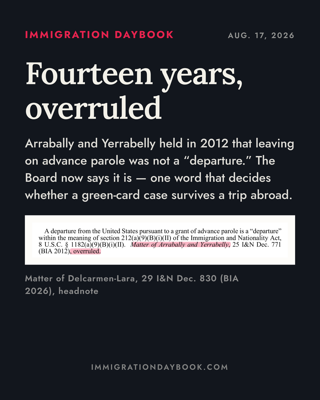 Fourteen years, overruled — Arrabally and Yerrabelly held in 2012 that leaving on advance parole was not a “departure.” The Board now says it is — one word that decides whether a green-card case survives a trip abroad.