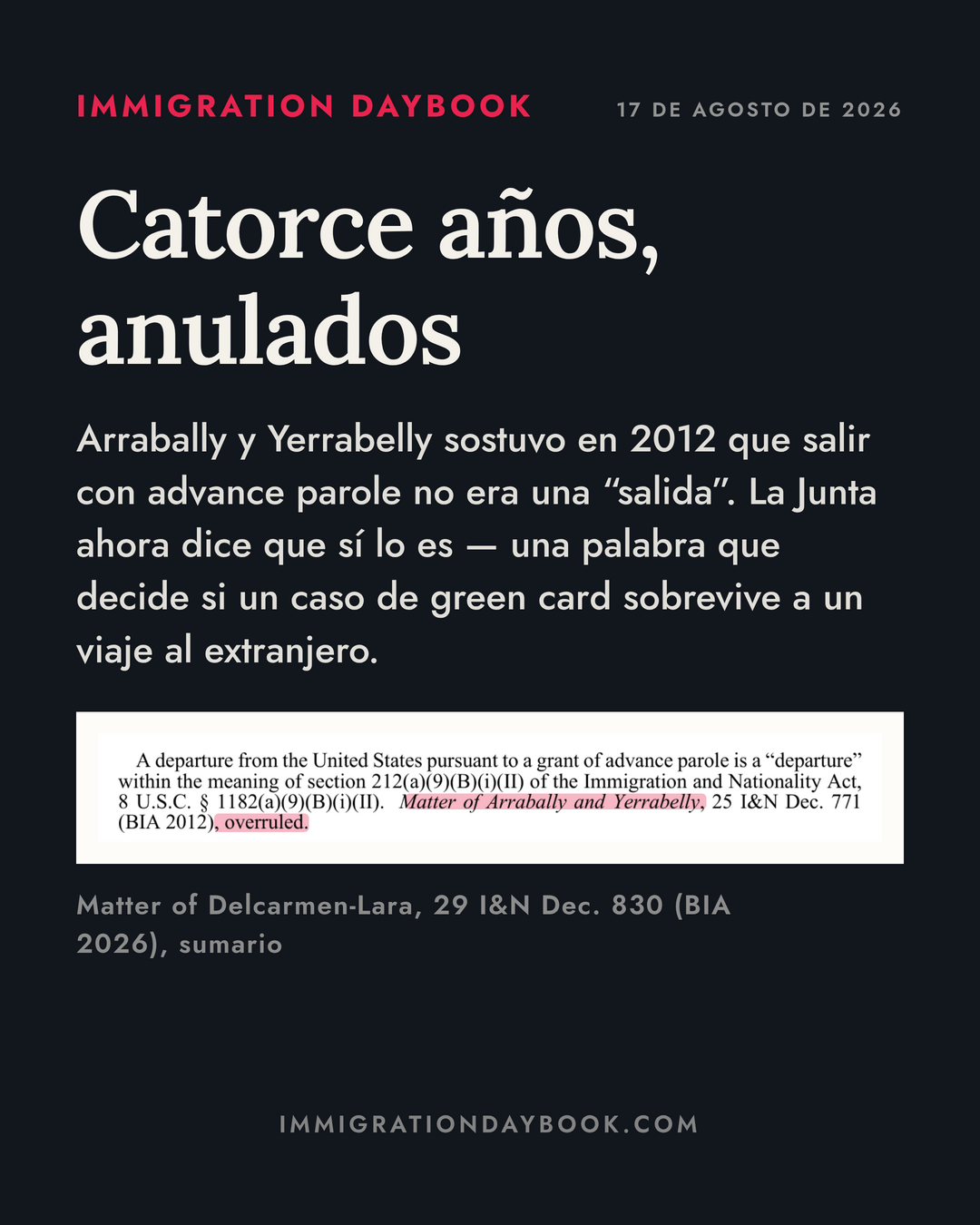 Catorce años, anulados — Arrabally y Yerrabelly sostuvo en 2012 que salir con advance parole no era una “salida”. La Junta ahora dice que sí lo es — una palabra que decide si un caso de green card sobrevive a un viaje al extranjero.