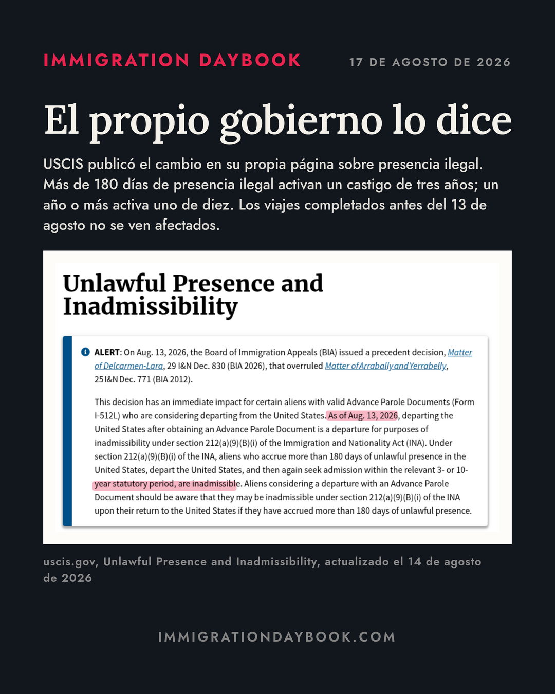 El propio gobierno lo dice — USCIS publicó el cambio en su propia página sobre presencia ilegal. Más de 180 días de presencia ilegal activan un castigo de tres años; un año o más activa uno de diez. Los viajes completados antes del 13 de agosto no se ven afectados.