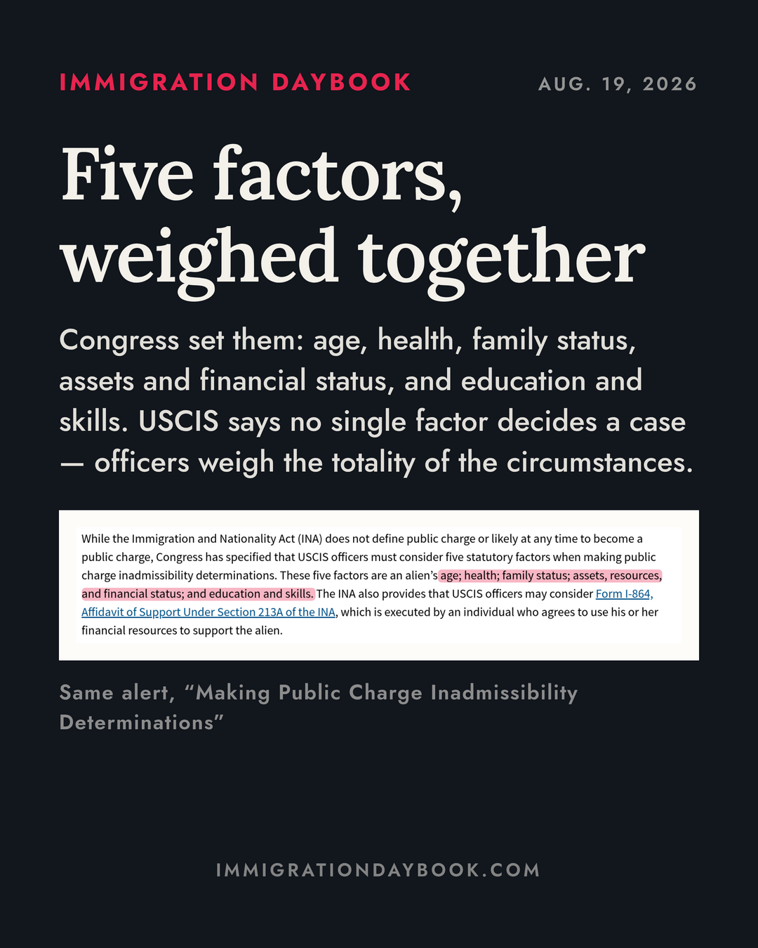 Five factors, weighed together — Congress set them: age, health, family status, assets and financial status, and education and skills. USCIS says no single factor decides a case — officers weigh the totality of the circumstances.